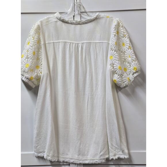 Umgee Linen Blend Eyelet Lace Top Blouse White Balloon Sleeves Peasant Boho Larg - Picture 6 of 6